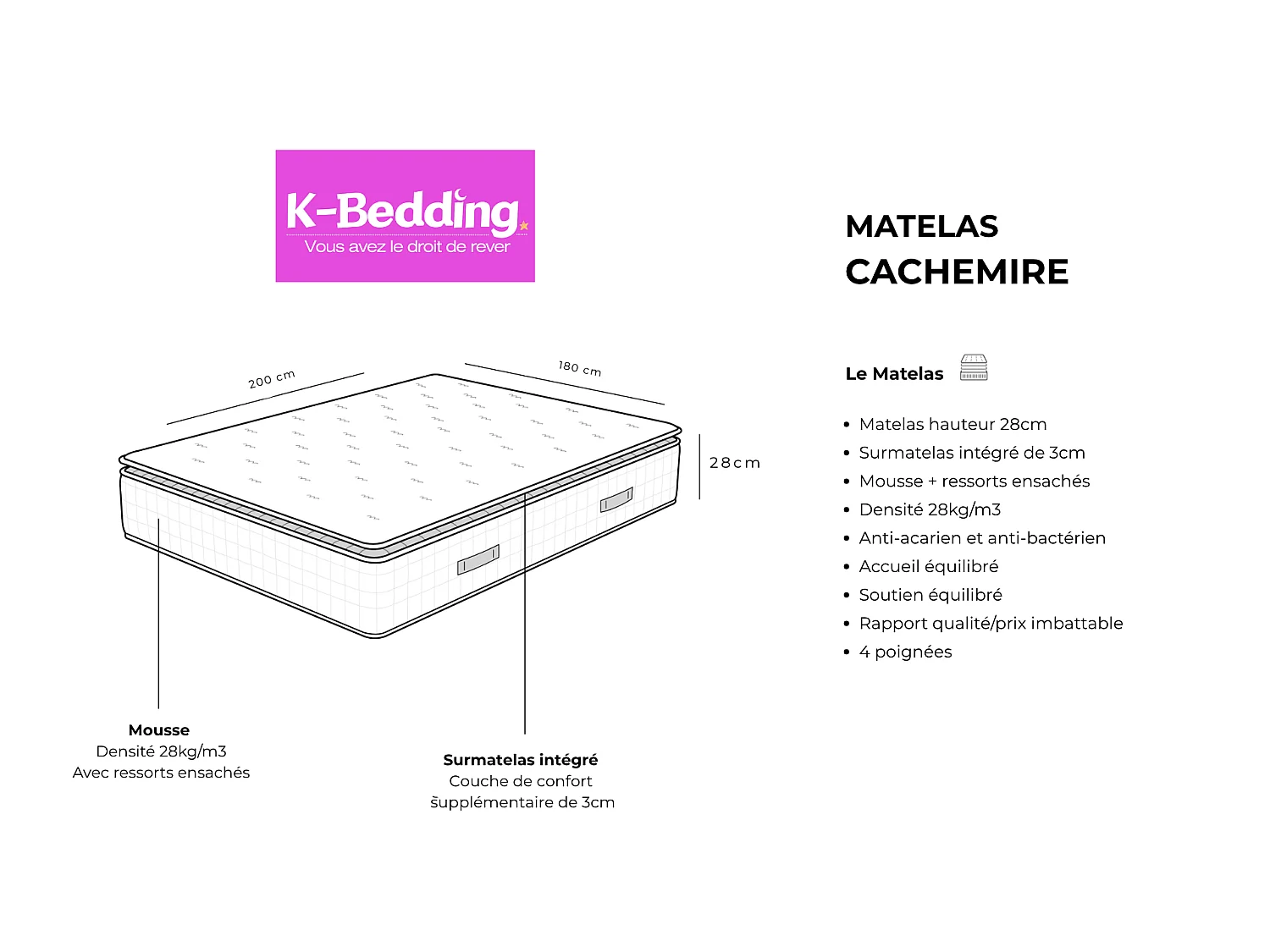 Matelas Cachemire 180x200 cm Hauteur 28 cm ressorts ensachés mousse polyuréthane Surmatelas Intégré soutien équilibré