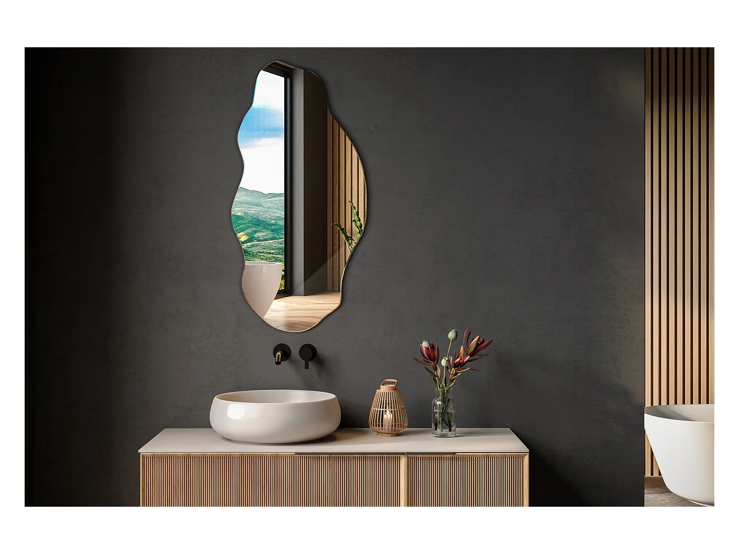 Unregelmäßiger, organischer, asymmetrischer Spiegel für Badezimmer und Wohnzimmer - 50 cm x 100 cm