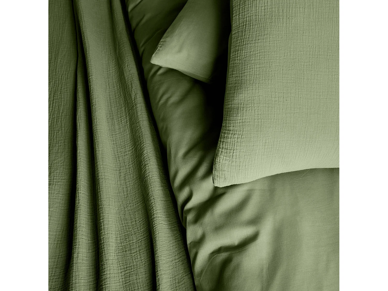 Parure de lit gaze de coton / coton kaki. 2 places. 1 housse de couette avec 2 taies d'oreiller 260 x 240 cm