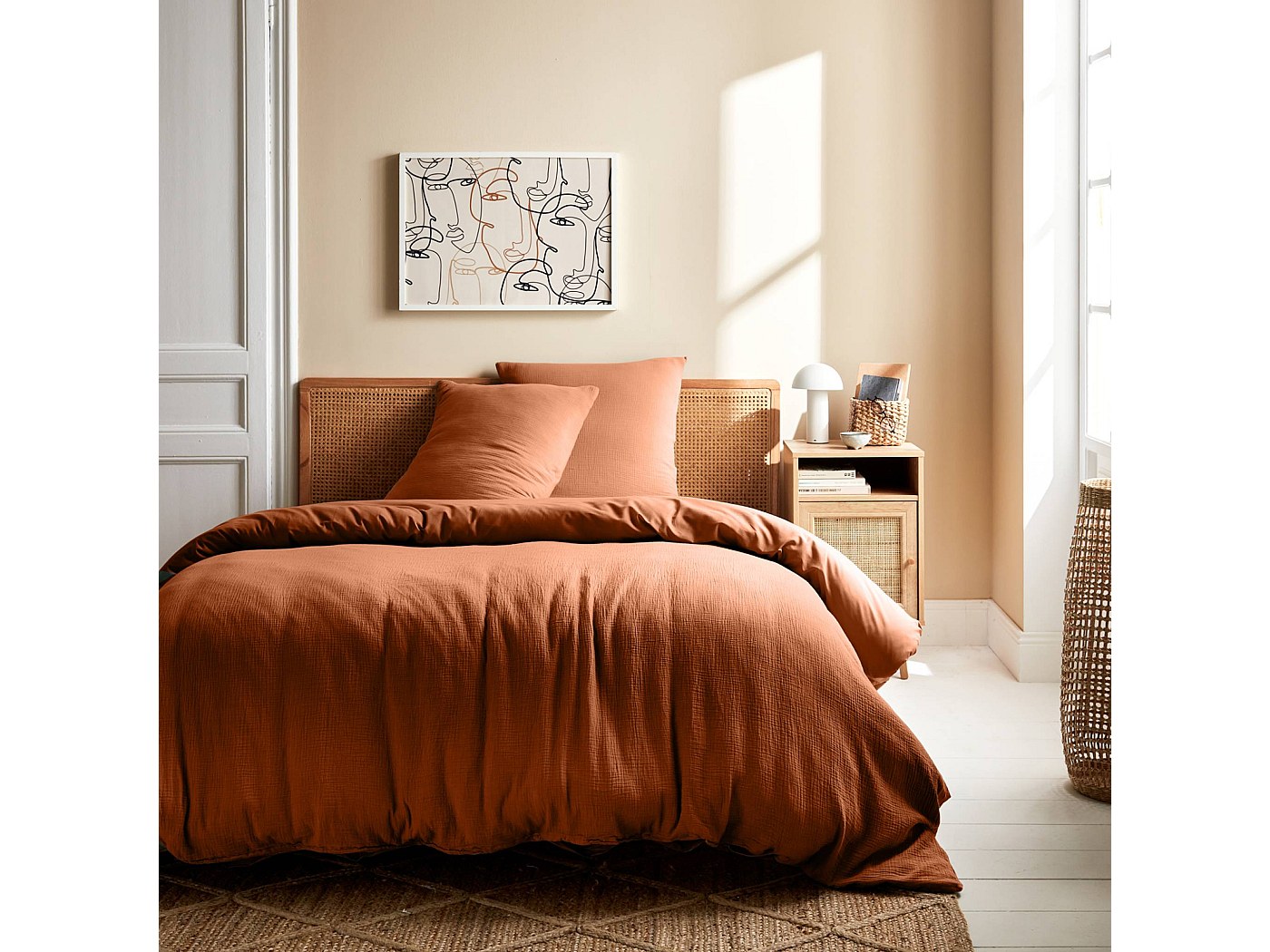 Parure de lit terracotta gaze de coton / coton. 2 places. 1 housse de