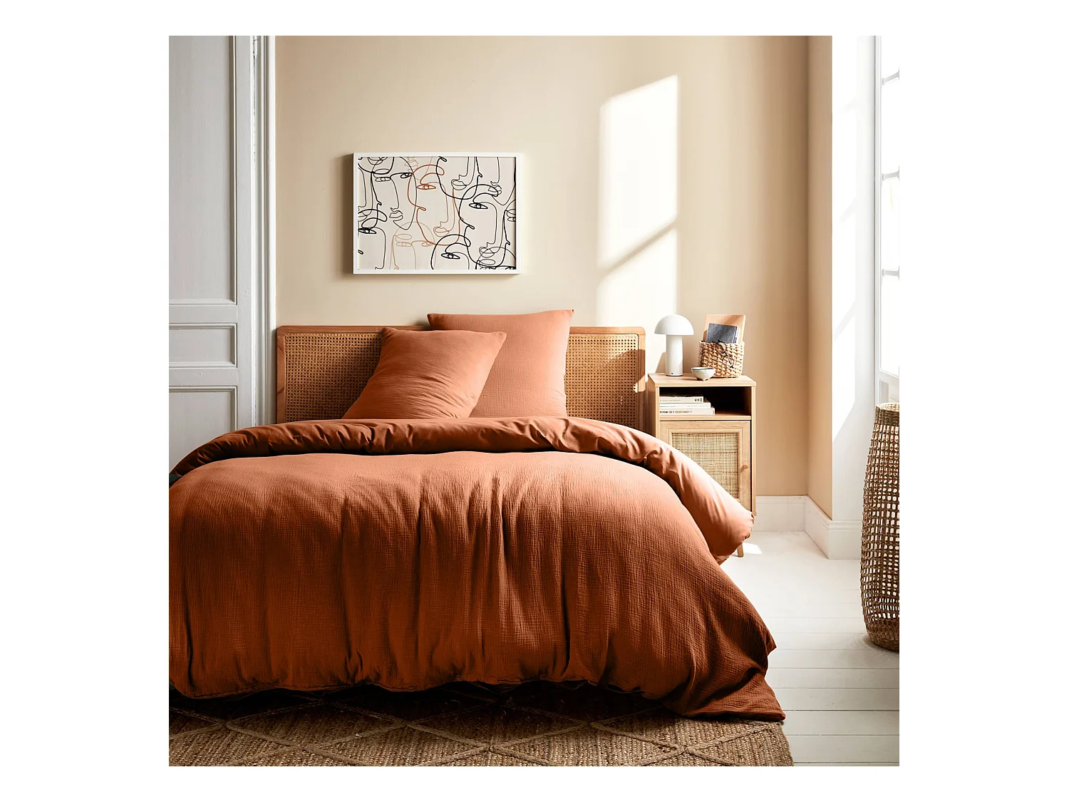 Parure de lit terracotta gaze de coton / coton. 2 places. 1 housse de couette avec 2 taies d'oreiller 240 x 220 cm