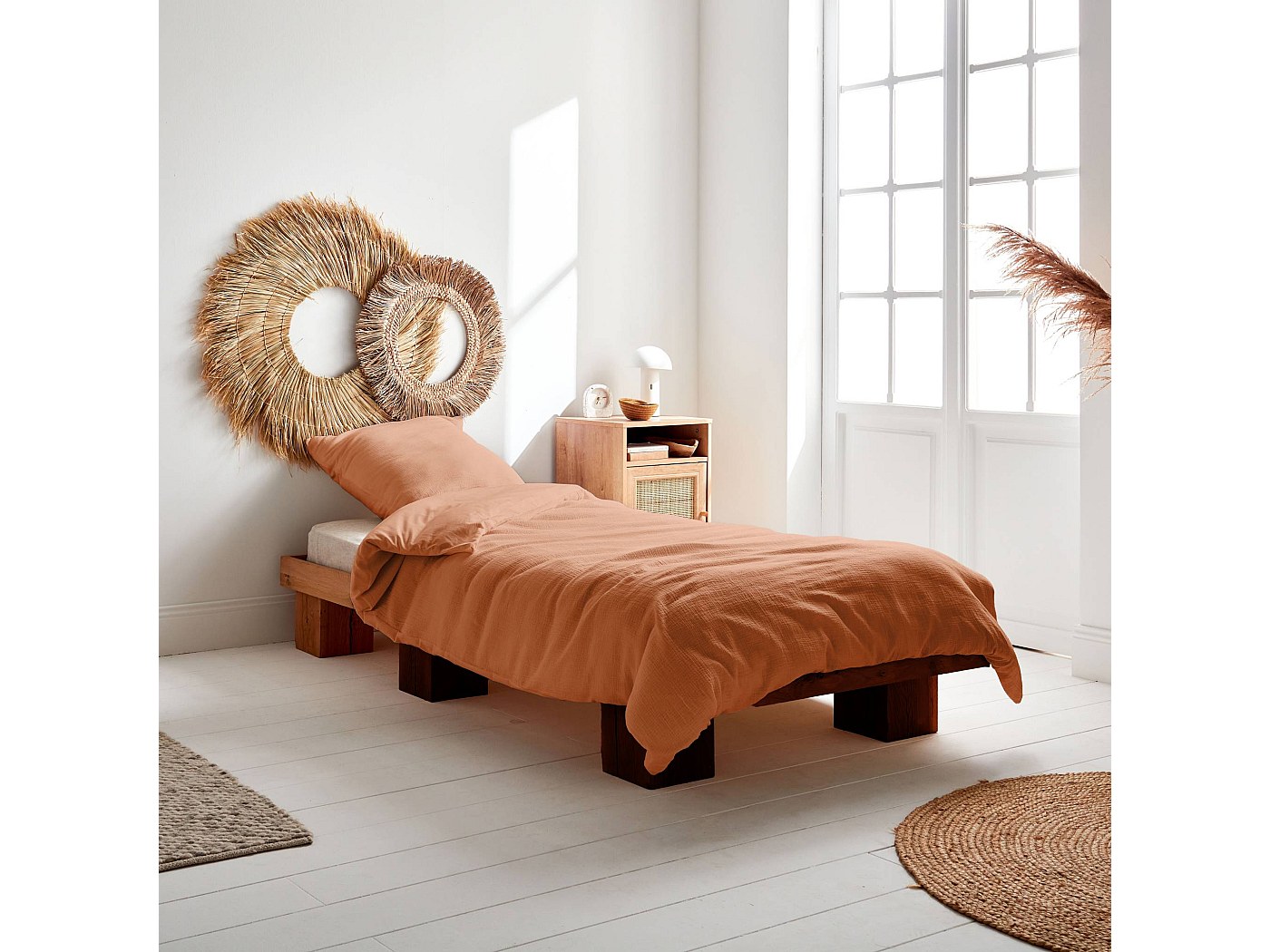 Parure de lit gaze de coton / coton. terracotta. 1 place. 1 housse de