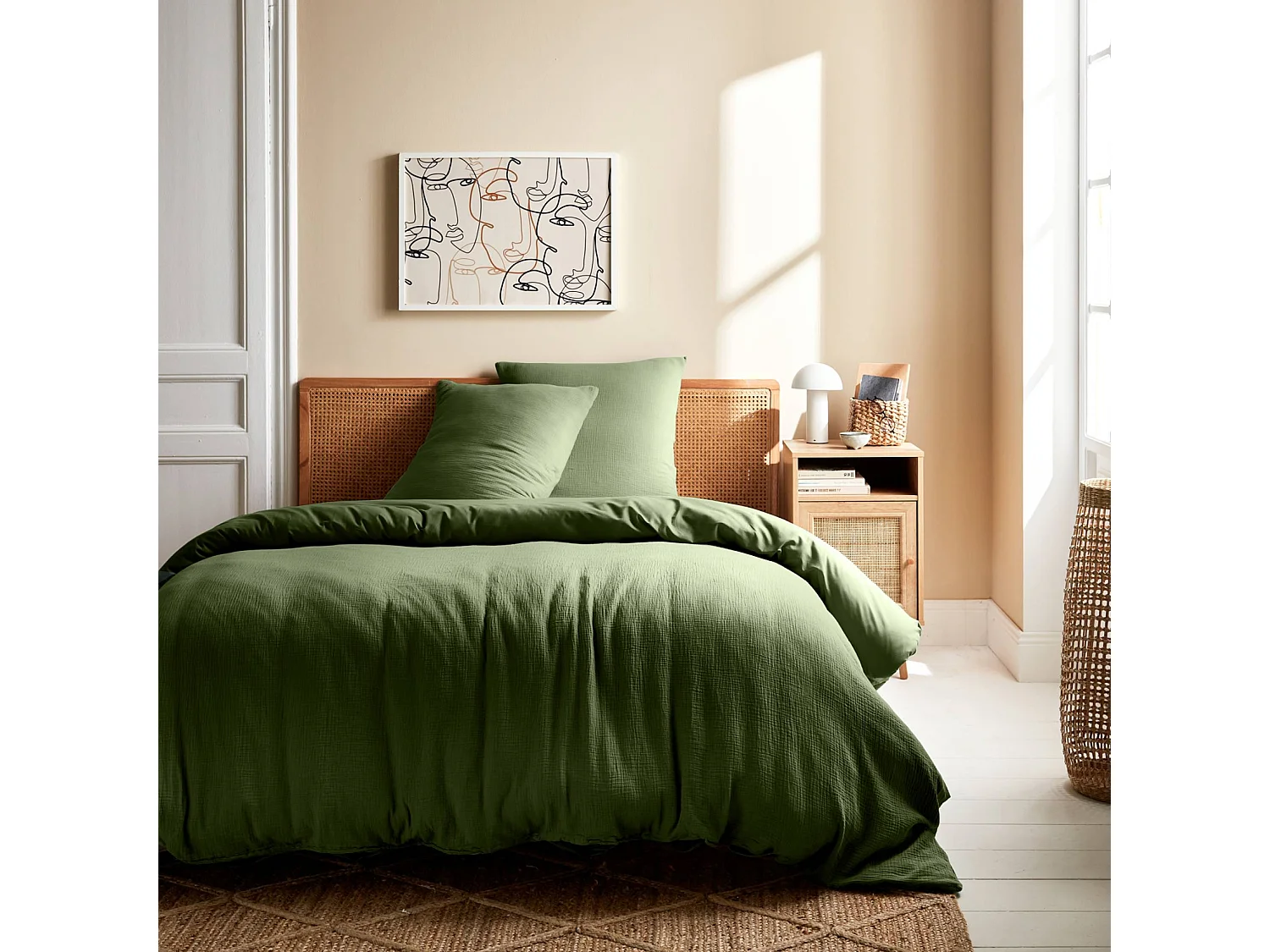 Parure de lit gaze de coton / coton kaki. 2 places. 1 housse de couette avec 2 taies d'oreiller 240 x 220 cm