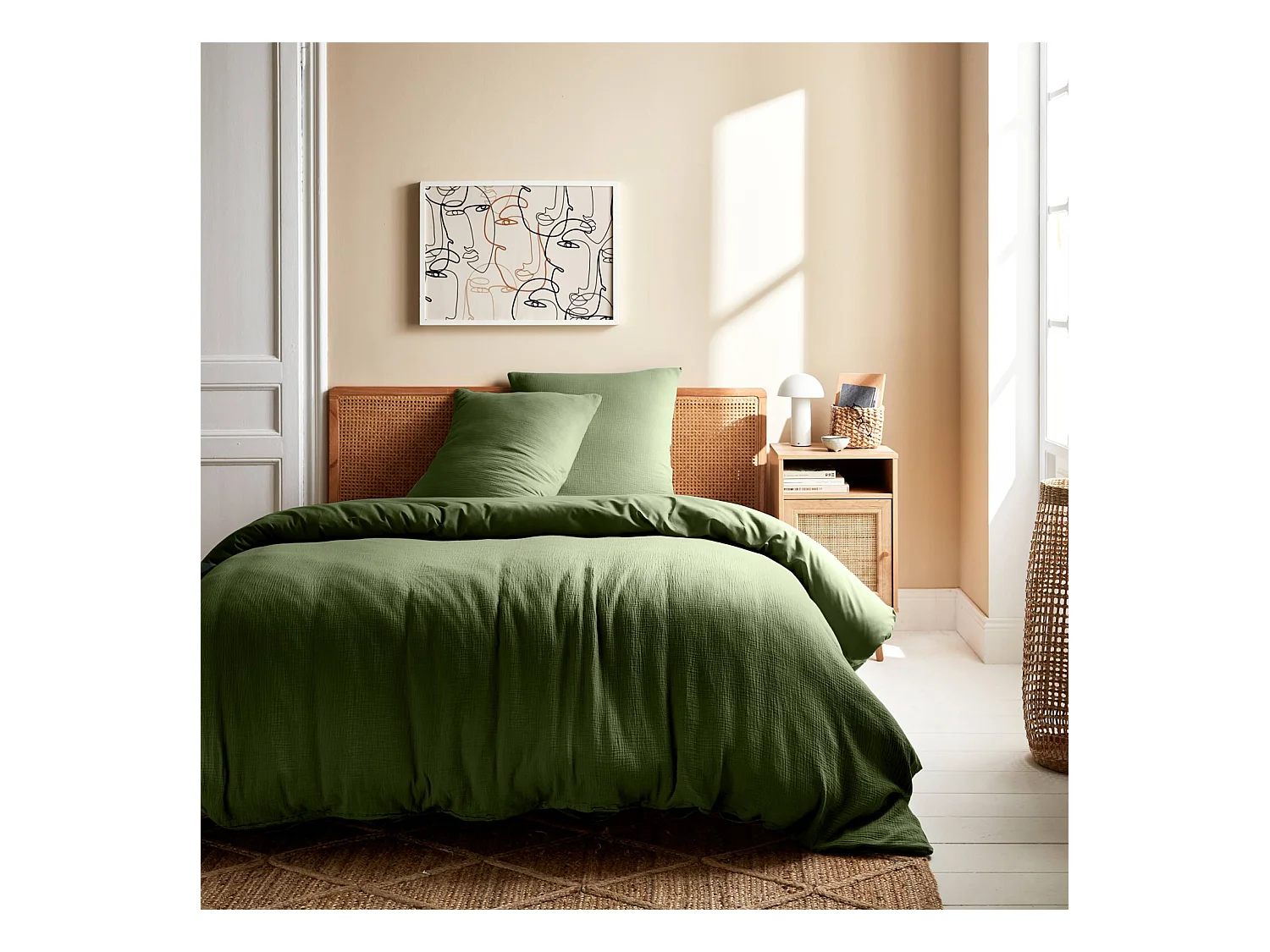 Parure de lit gaze de coton / coton kaki. 2 places. 1 housse de couette avec 2 taies d'oreiller 240 x 220 cm