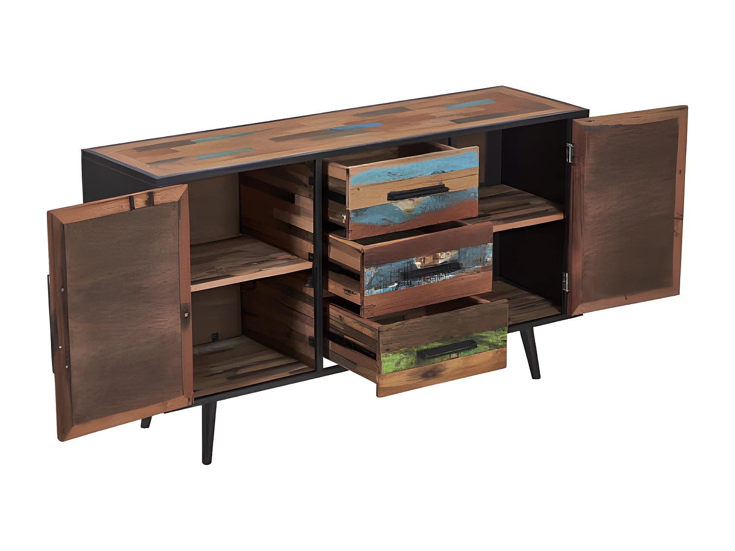 Soho buffet en bois de bateau recyclé - 2 portes - 3 tiroirs - Style Industriel - L160