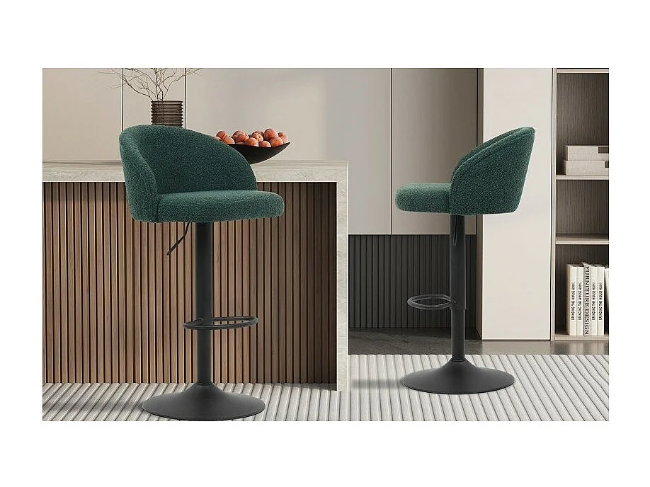Taburete de bar HYDRA – Terciopelo rizado verde – Altura ajustable 86-107 cm – Patas de metal – Estilo moderno
