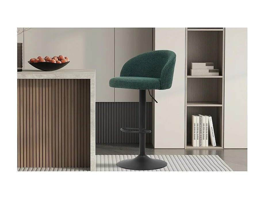 Taburete de bar HYDRA – Terciopelo rizado verde – Altura ajustable 86-107 cm – Patas de metal – Estilo moderno