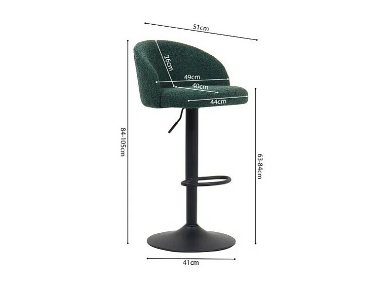 Taburete de bar HYDRA – Terciopelo rizado verde – Altura ajustable 86-107 cm – Patas de metal – Estilo moderno