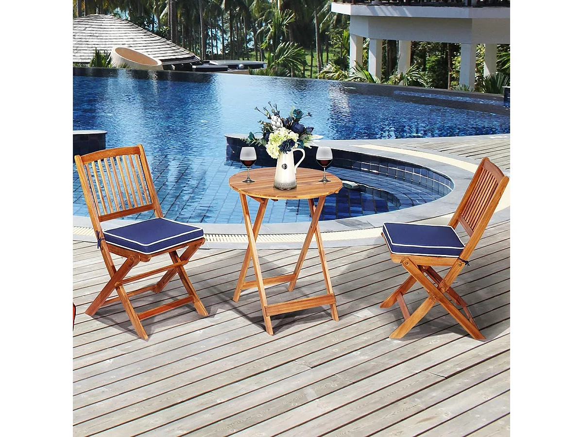 3-TLG. Terrassenmöbel-Set mit Rundem Tisch & 2 Stühlen & 2 Kissen Ergonomische Sitzgarnitur Blau