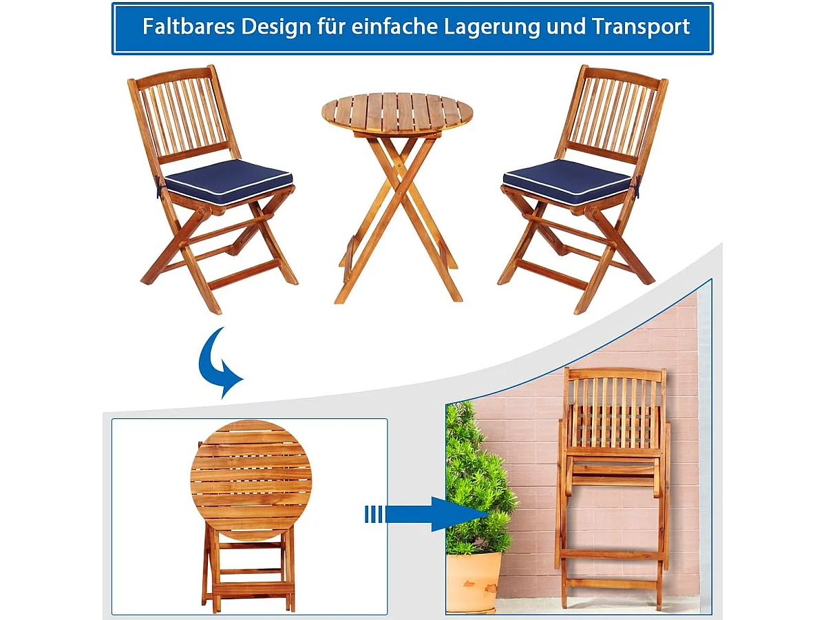 3-TLG. Terrassenmöbel-Set mit Rundem Tisch & 2 Stühlen & 2 Kissen Ergonomische Sitzgarnitur Blau