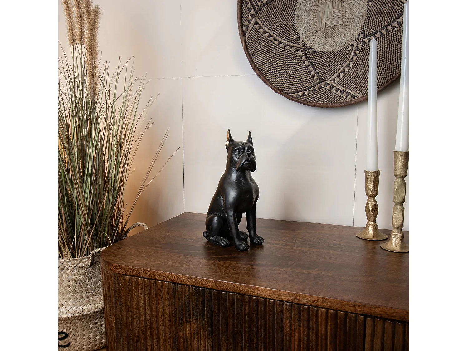 Now's Home - Chien En Resine Noir Avec Oreilles Dorees 13,3x9xh23cm Hector