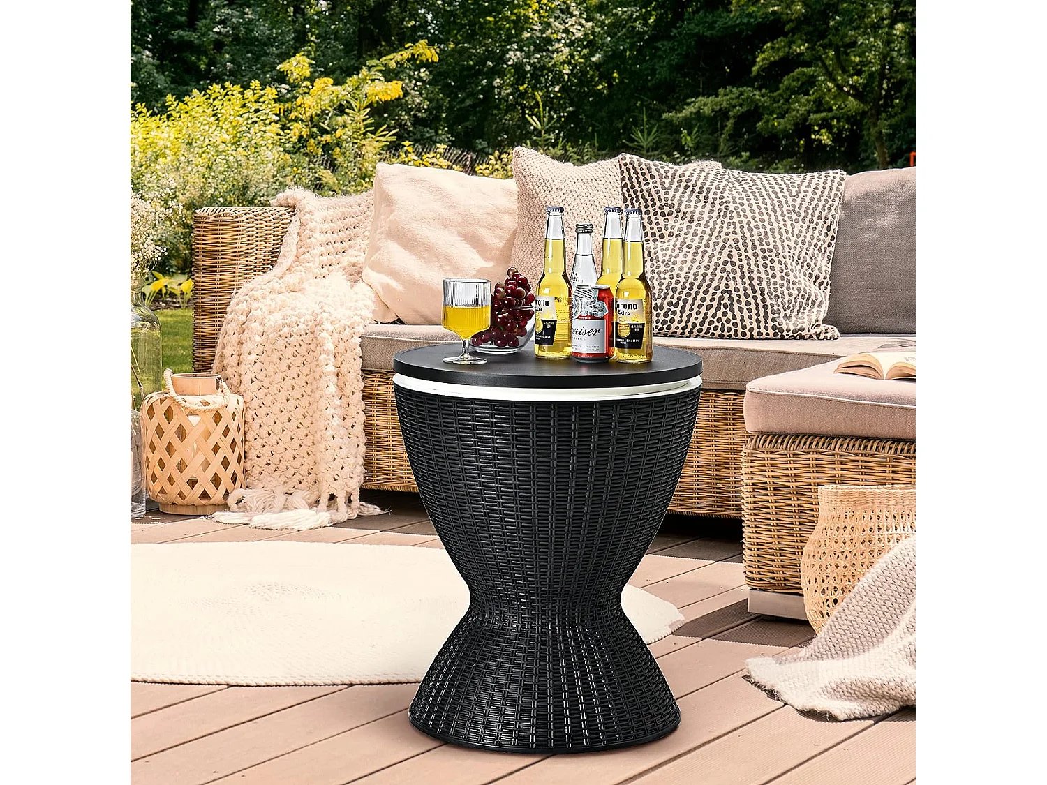 3 in 1 Cool Bar, höhenverstellbarer Beistelltisch, 30L Outdoor Bier- und Weinkühler in Rattanoptik, Getränkekühler, für Terrasse, Party, Poolbereiche
