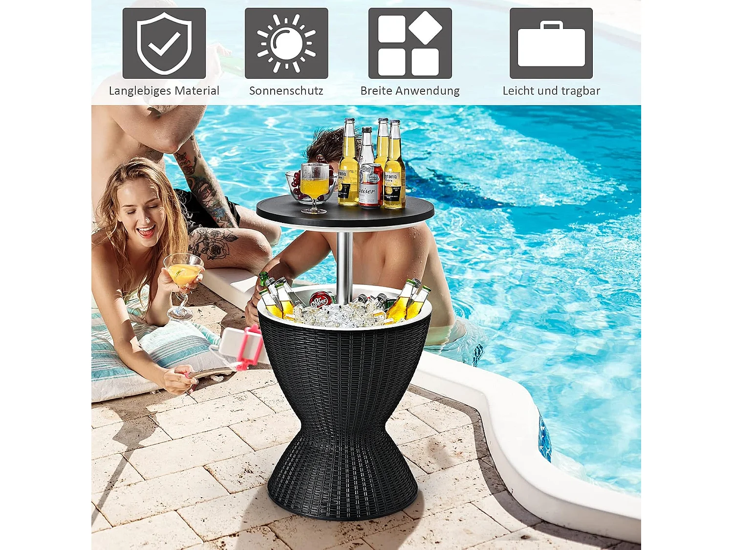 3 in 1 Cool Bar, höhenverstellbarer Beistelltisch, 30L Outdoor Bier- und Weinkühler in Rattanoptik, Getränkekühler, für Terrasse, Party, Poolbereiche