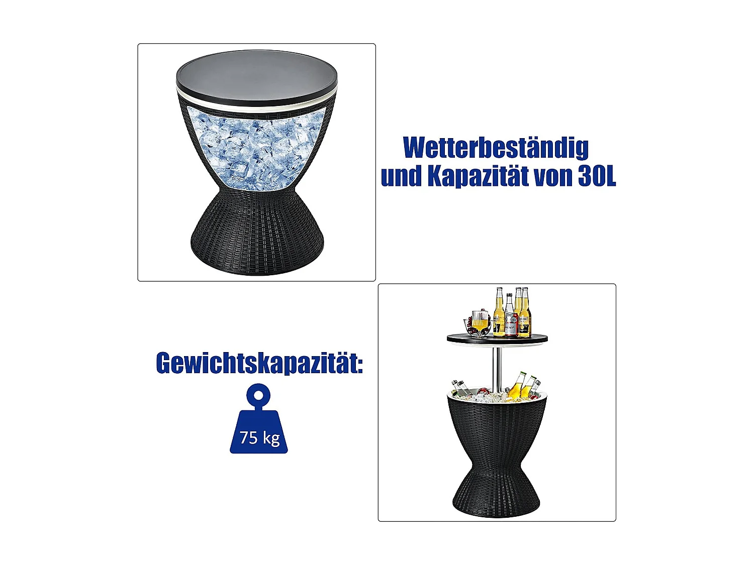 3 in 1 Cool Bar, höhenverstellbarer Beistelltisch, 30L Outdoor Bier- und Weinkühler in Rattanoptik, Getränkekühler, für Terrasse, Party, Poolbereiche