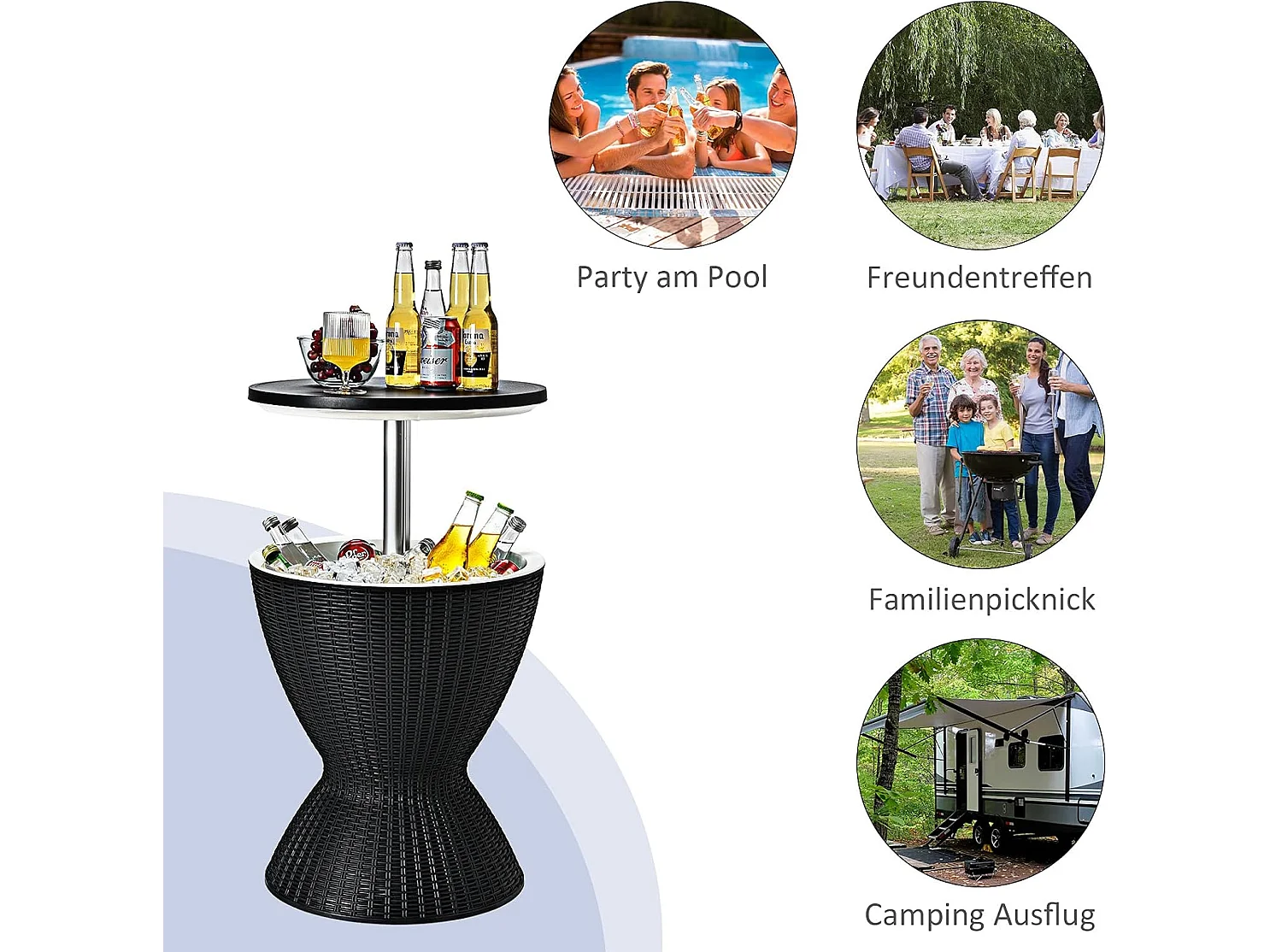 3 in 1 Cool Bar, höhenverstellbarer Beistelltisch, 30L Outdoor Bier- und Weinkühler in Rattanoptik, Getränkekühler, für Terrasse, Party, Poolbereiche