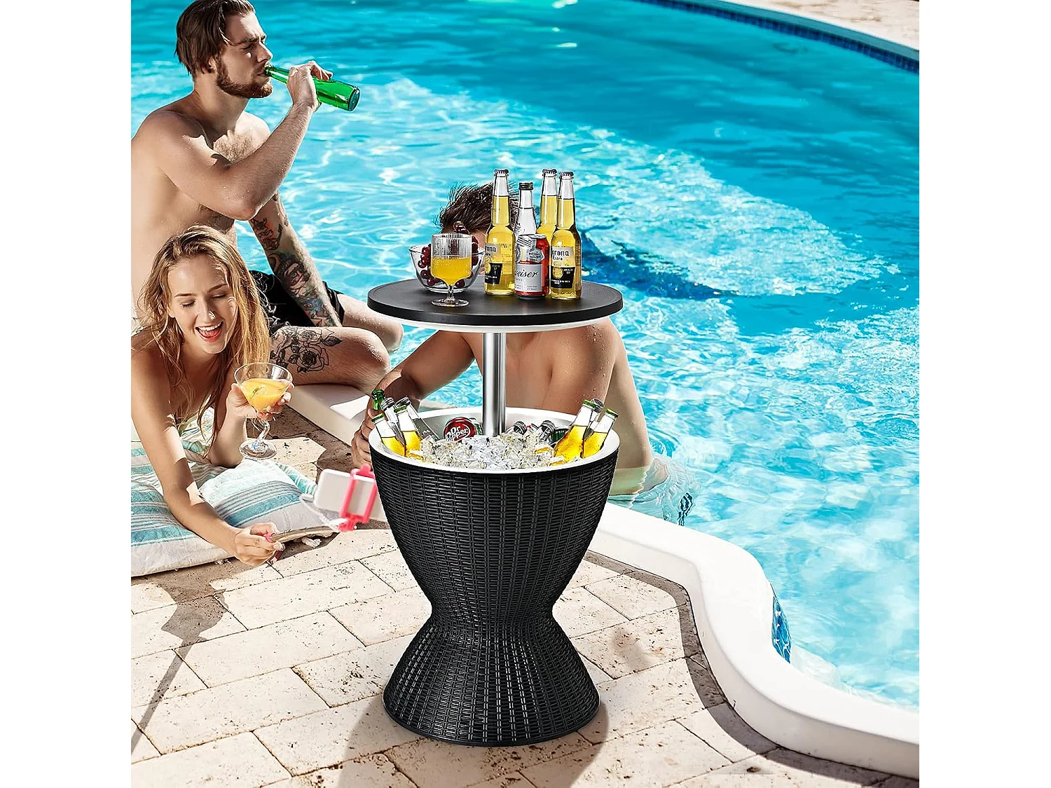 3 in 1 Cool Bar, höhenverstellbarer Beistelltisch, 30L Outdoor Bier- und Weinkühler in Rattanoptik, Getränkekühler, für Terrasse, Party, Poolbereiche