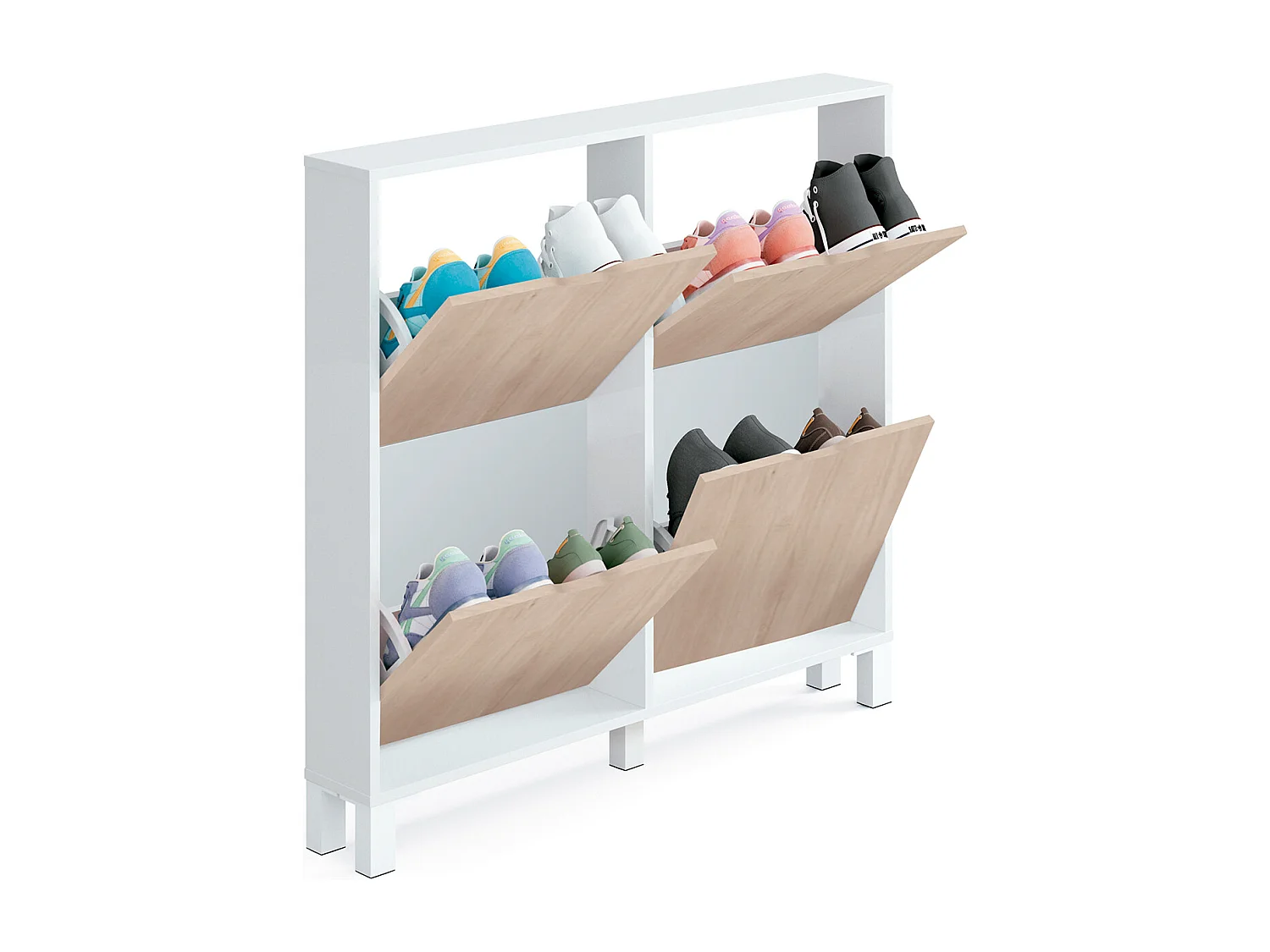 Commode Meuble à chaussures avec 4 portes Blanc brillant, effet bois - Longueur 97 x Hauteur 98 x Profondeur 17 cm