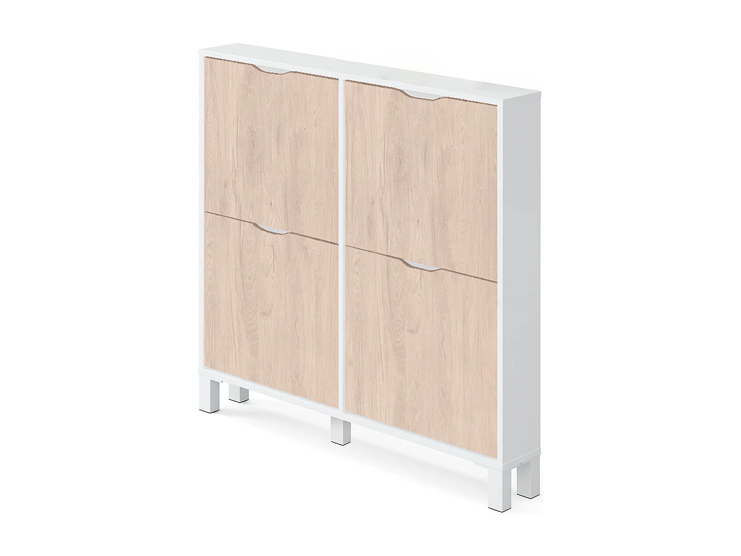Commode Meuble à chaussures avec 4 portes Blanc brillant, effet bois - Longueur 97 x Hauteur 98 x Profondeur 17 cm