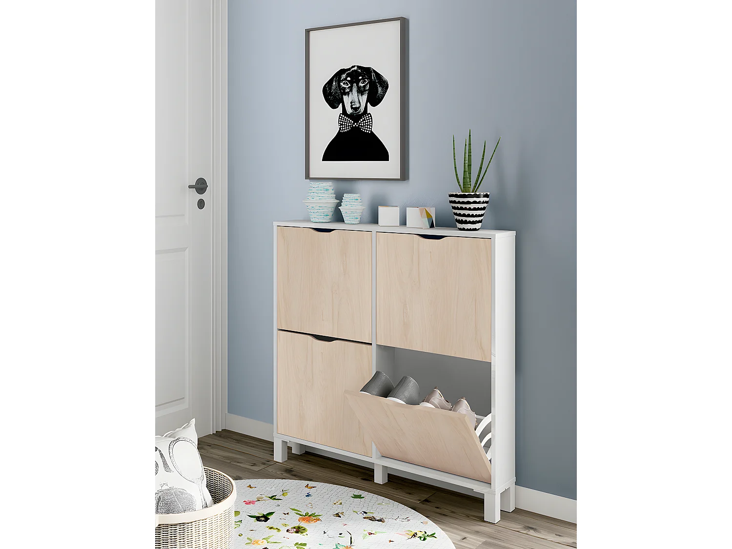 Commode Meuble à chaussures avec 4 portes Blanc brillant, effet bois - Longueur 97 x Hauteur 98 x Profondeur 17 cm