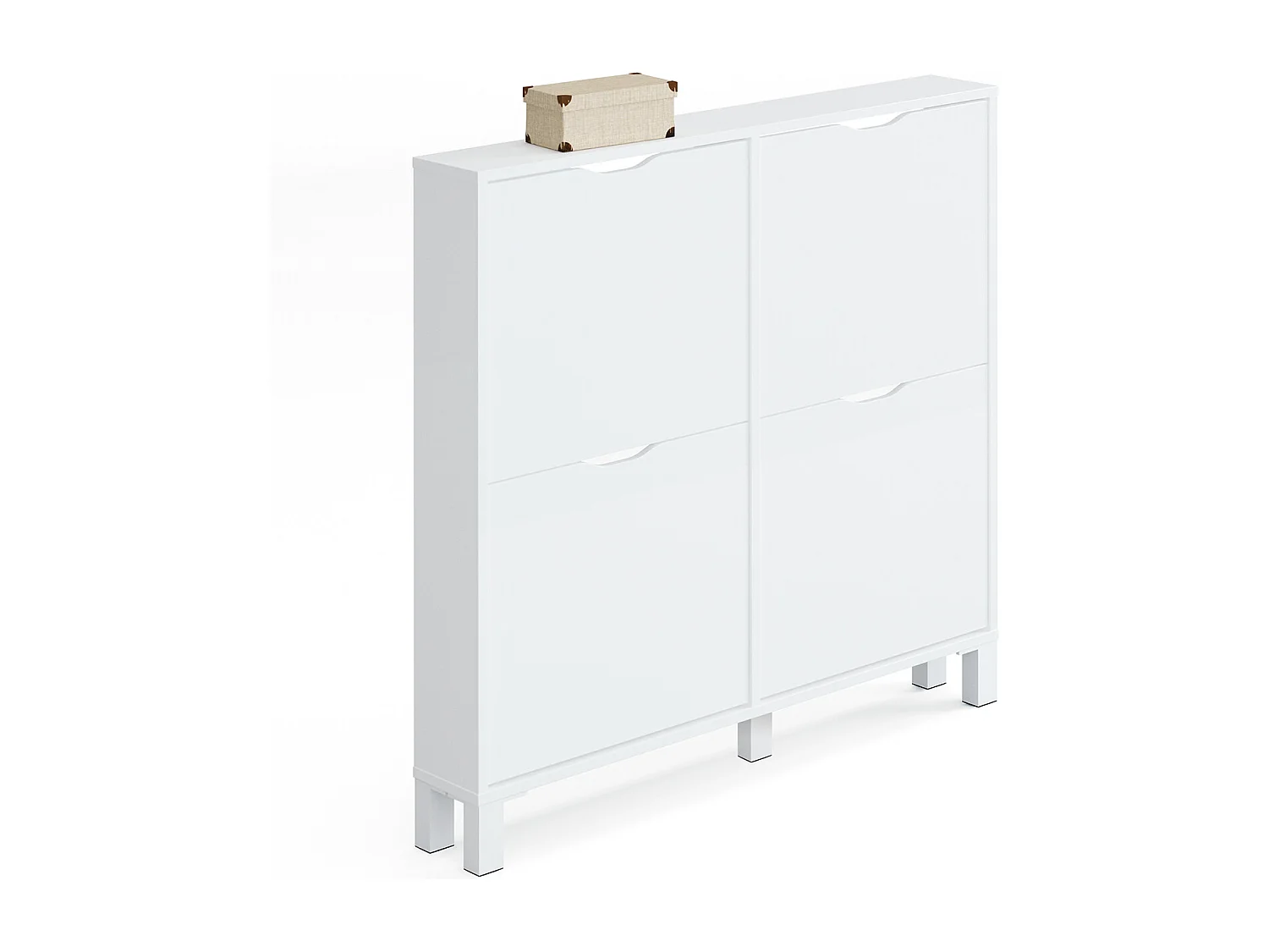 Commode Meuble à chaussures avec 4 portes couleur blanc brillant - Longueur 97 x Hauteur 98 x Profondeur 17 cm