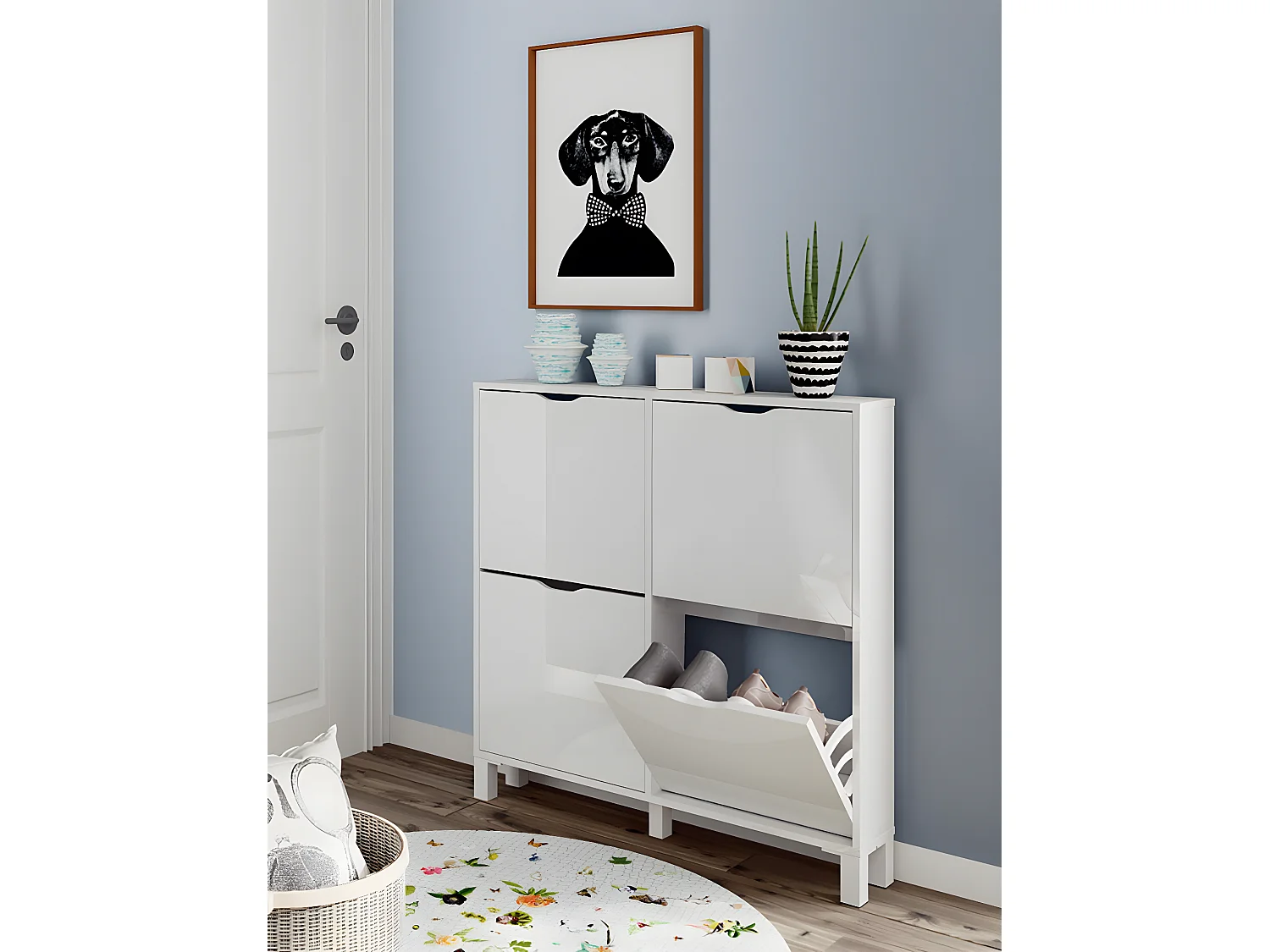 Commode Meuble à chaussures avec 4 portes couleur blanc brillant - Longueur 97 x Hauteur 98 x Profondeur 17 cm