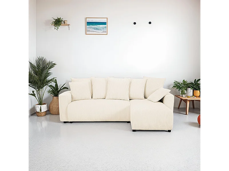 Canapé d'angle convertible réversible 3/4 places en velours côtelé beige avec coffre de rangement - Uma