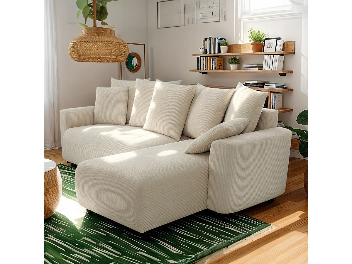 Canapé d'angle convertible réversible 3/4 places en velours côtelé beige avec coffre de rangement - Uma