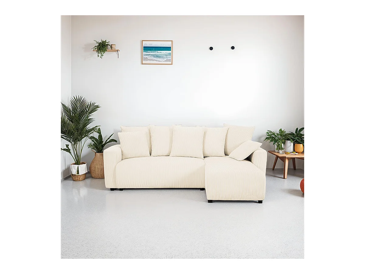 Canapé d'angle convertible réversible 3/4 places en velours côtelé beige avec coffre de rangement - Uma