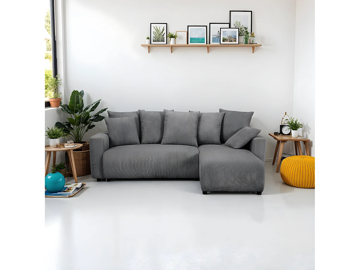 Canapé d'angle convertible réversible 3/4 places en velours côtelé gris anthracite avec coffre de rangement - Uma