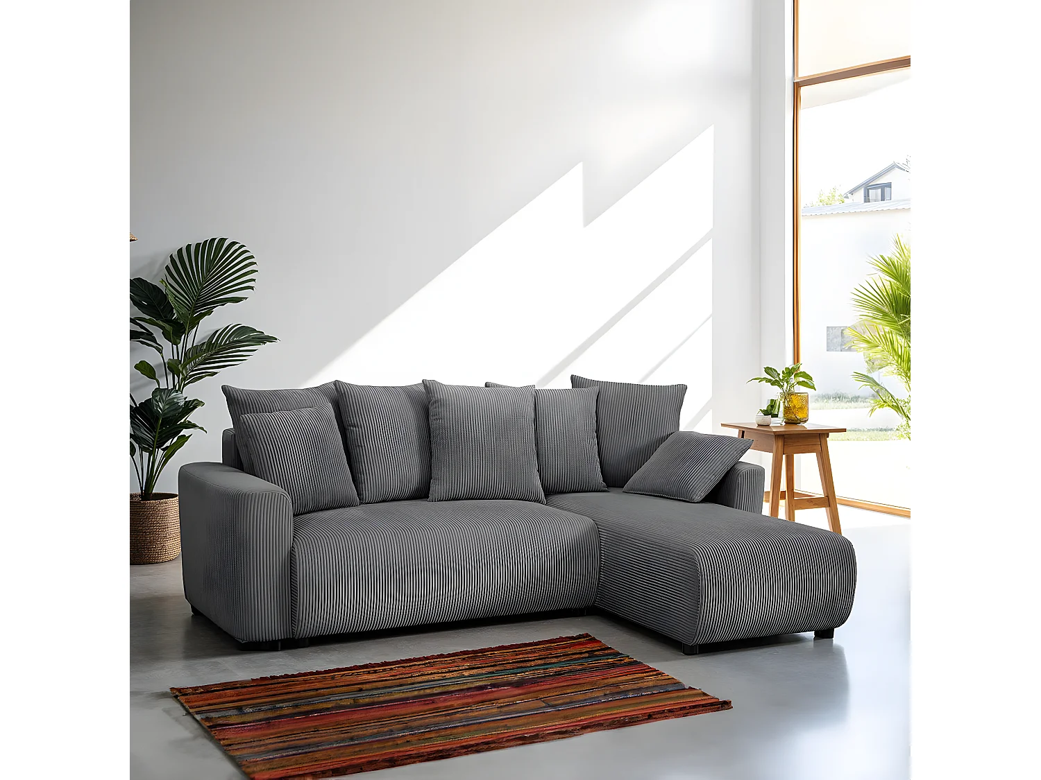 Canapé d'angle convertible réversible 3/4 places en velours côtelé gris anthracite avec coffre de rangement - Uma