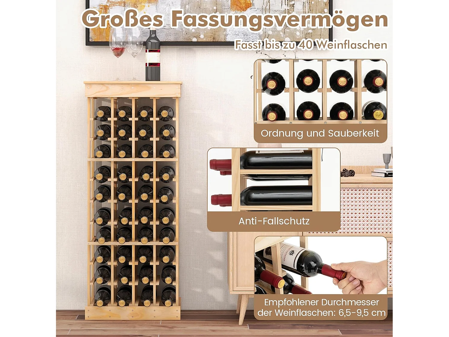 Weinregal Massivholz, Flaschenregal für 40 Flaschen, Weinständer Weinflaschenhalter Weinhalter für Küche, Speisekammer, Bar & Weinkeller VH33364