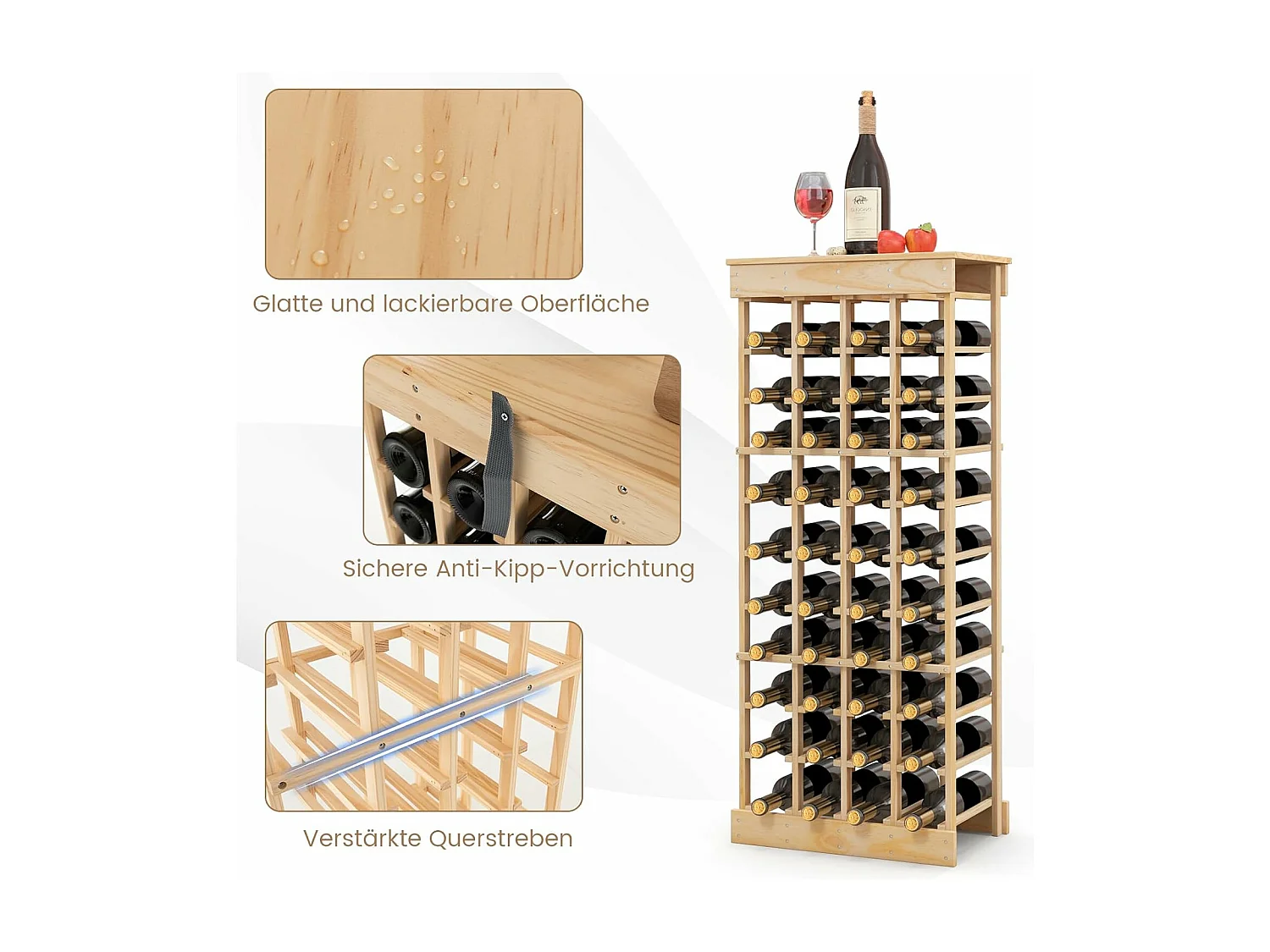 Weinregal Massivholz, Flaschenregal für 40 Flaschen, Weinständer Weinflaschenhalter Weinhalter für Küche, Speisekammer, Bar & Weinkeller VH33364
