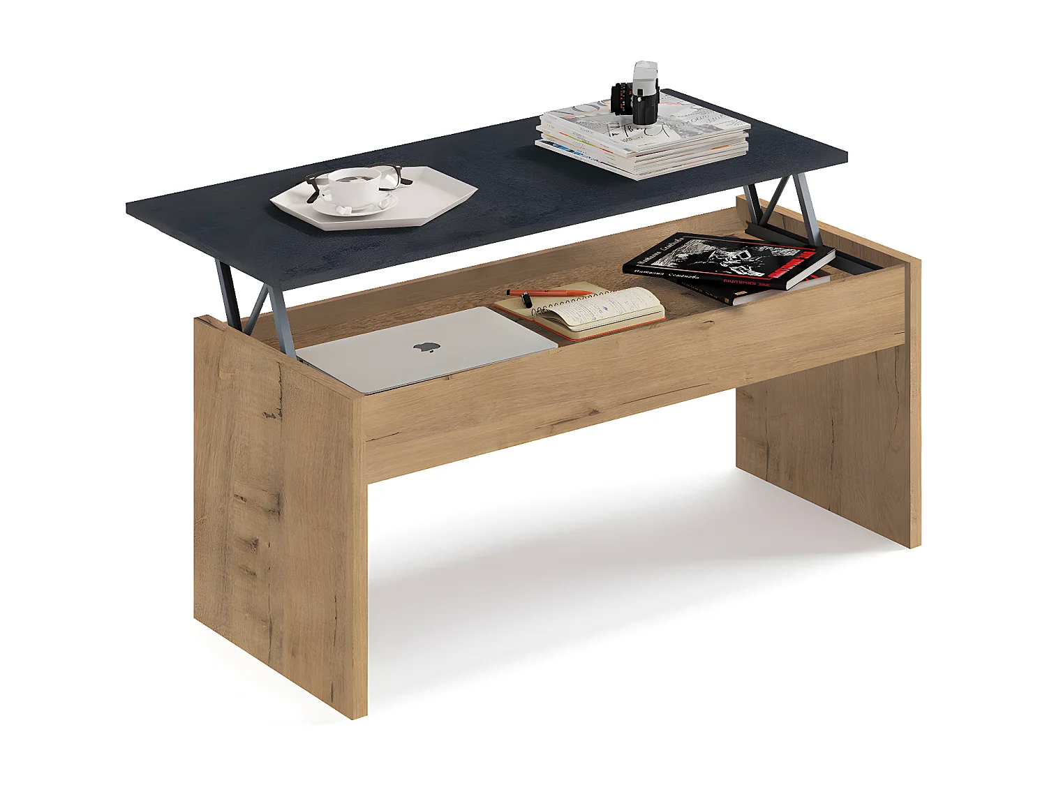 Table basse relevable couleur Chêne doré Marbre - Longueur 100 x Hauteur 47 à 58 x Profondeur 50 cm