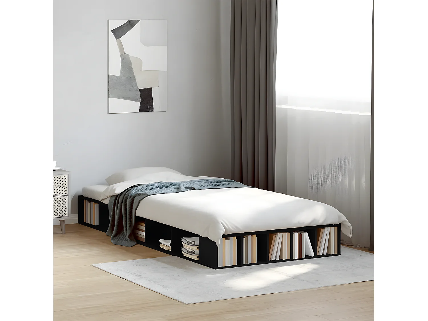 Cadre de lit noir 75x190 bois d'ingénierie