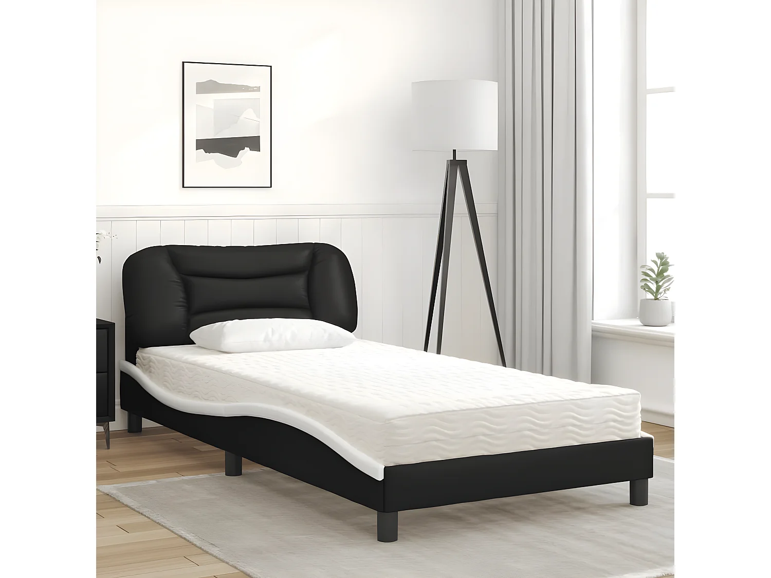 Lit avec matelas noir et blanc 100x200 similicuir