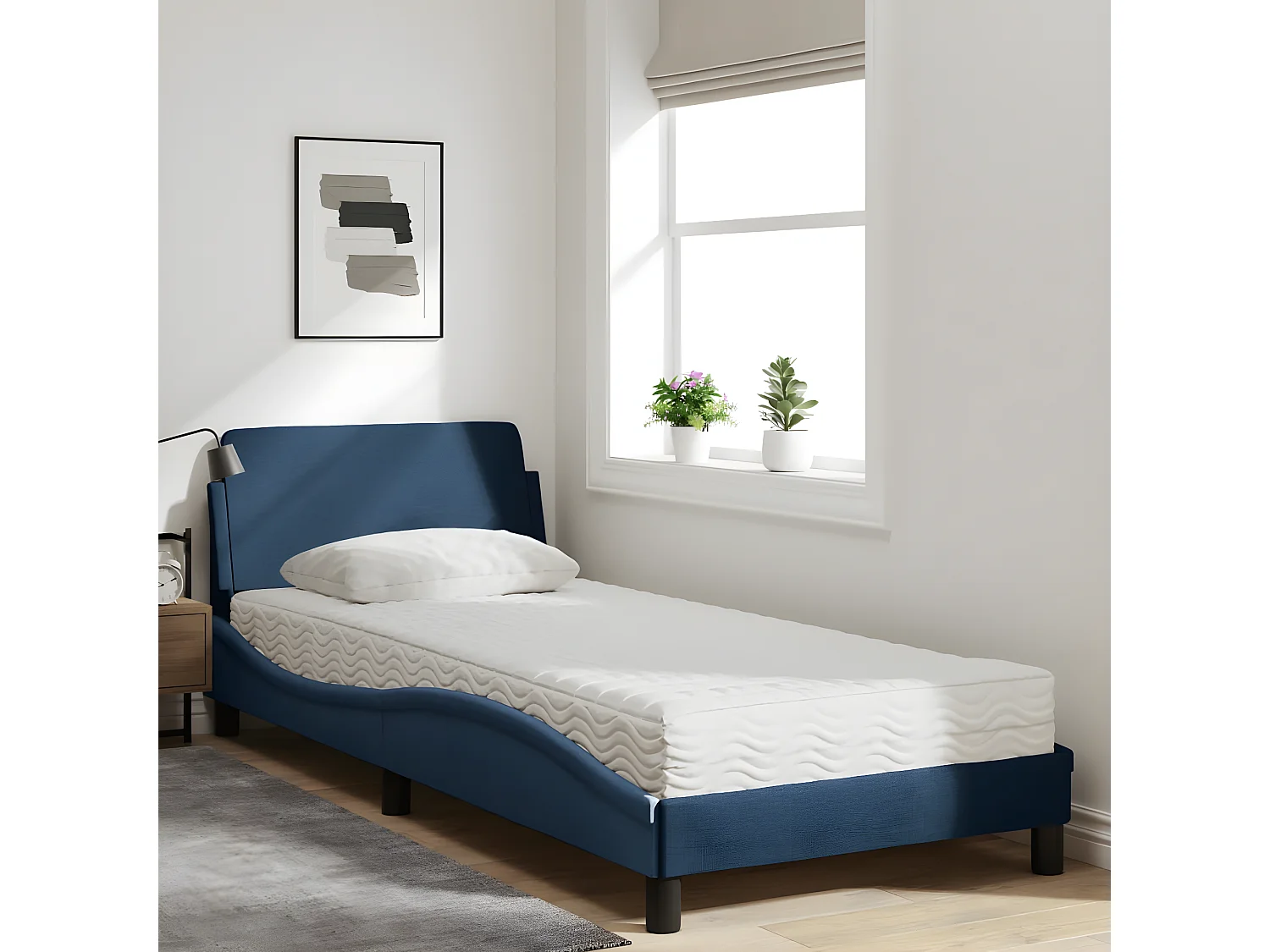 Lit avec matelas bleu 90x200 tissu