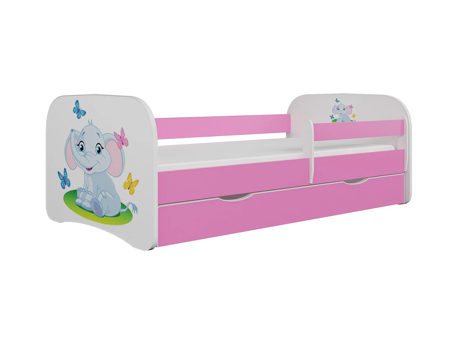 Lit enfant rose petit éléphant avec sommiers et barrière de sécurité amovible Drimy-80x180