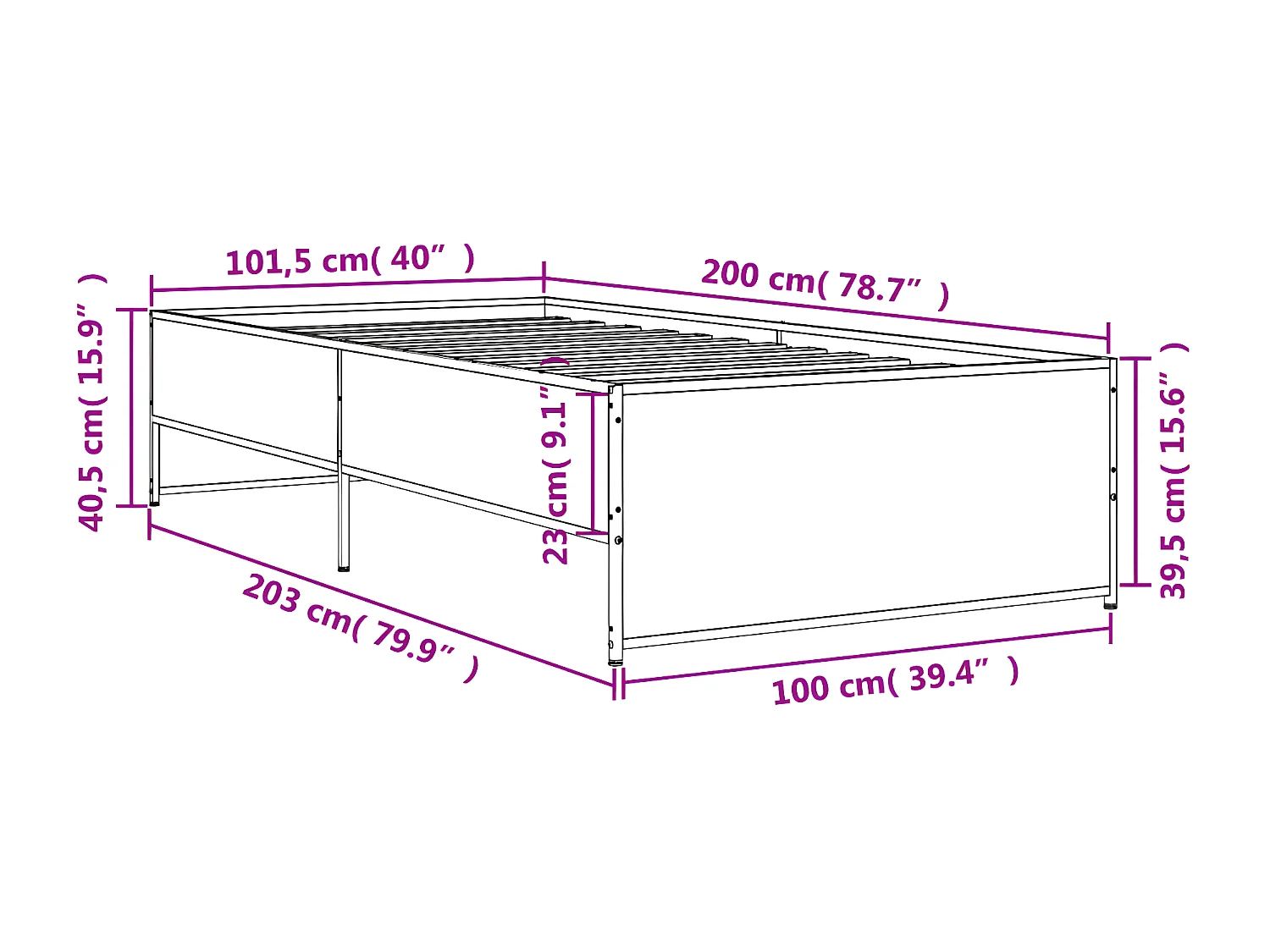 Cadre de lit noir 100x200 bois d'ingénierie et métal