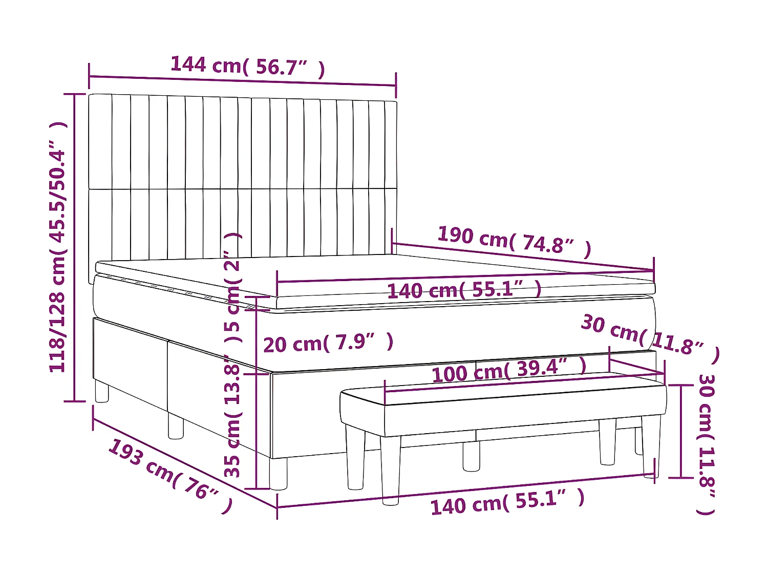 Sommier à lattes de lit et matelas Gris foncé 140x190 Velours