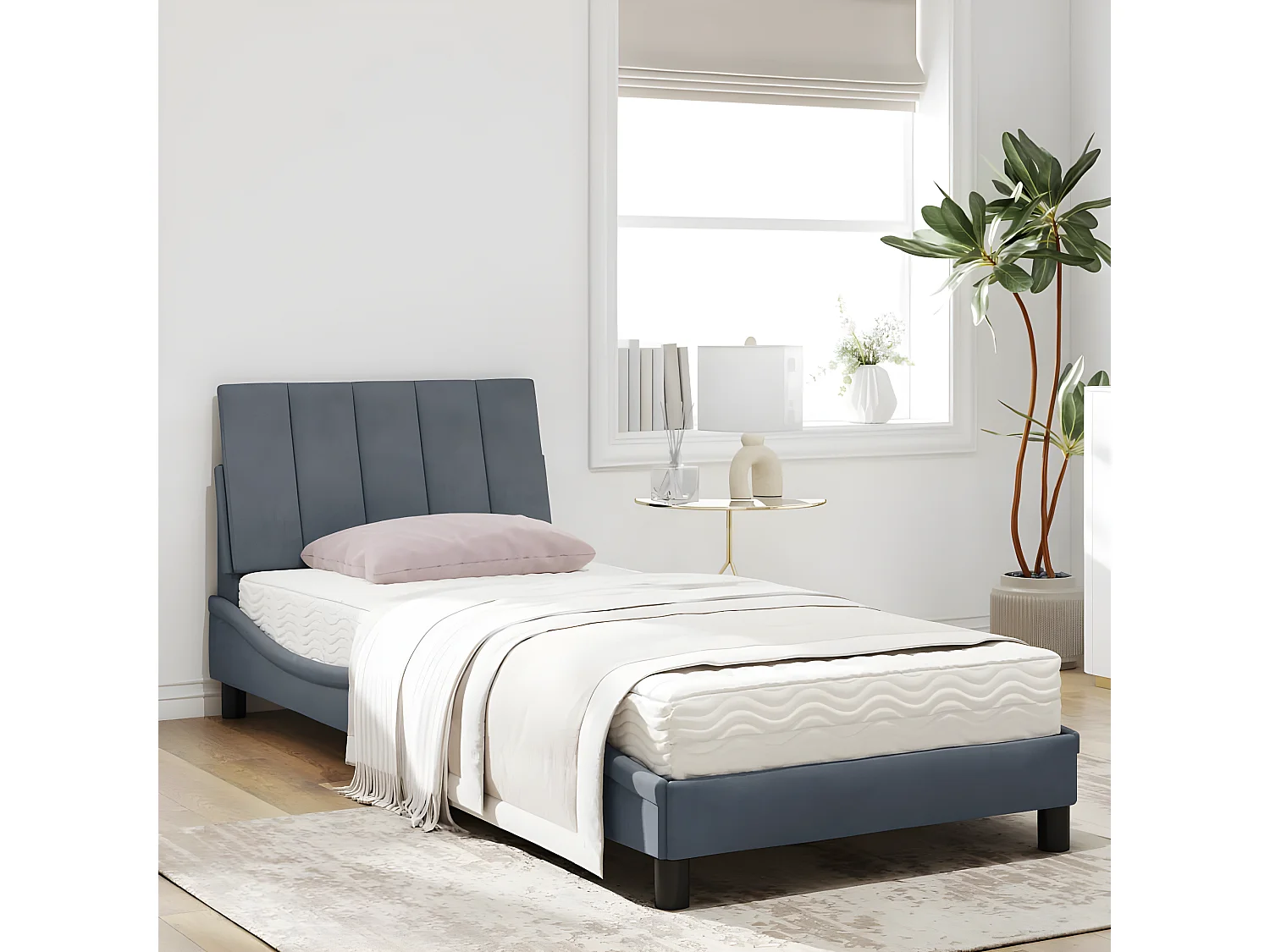 Lit avec matelas gris foncé 90x200 velours