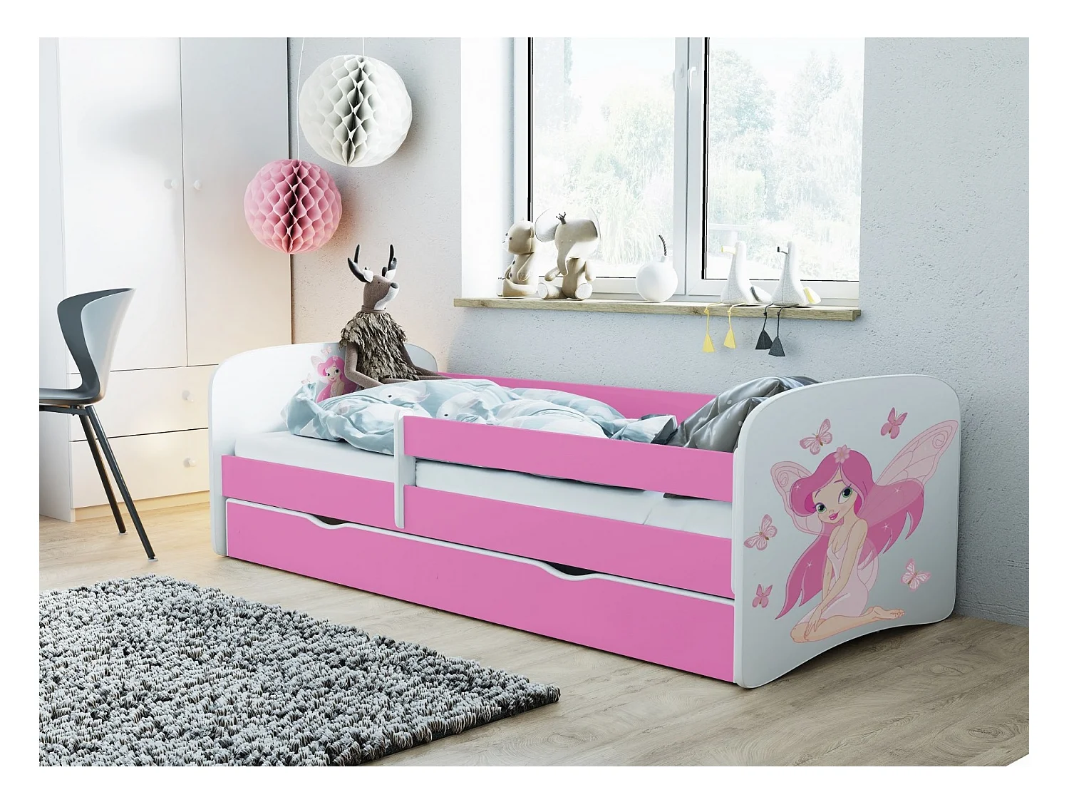 Feeroze kinderbed met vlinders met boxsprings en afneembaar veiligheidshek Drimy-Schuim matras-Slapen 80x180cm-Laden Met lade