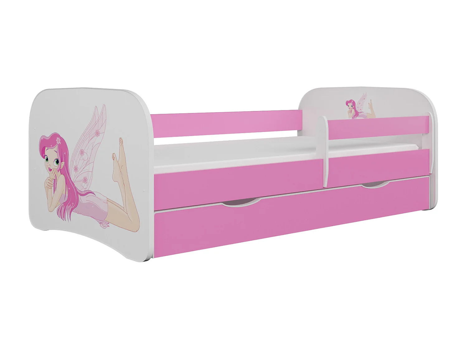 Lit enfant rose fée avec papillons avec sommiers et barrière de sécurité amovible Drimy-Matelas mousse-80x180-Tiroirs Avec tiroir