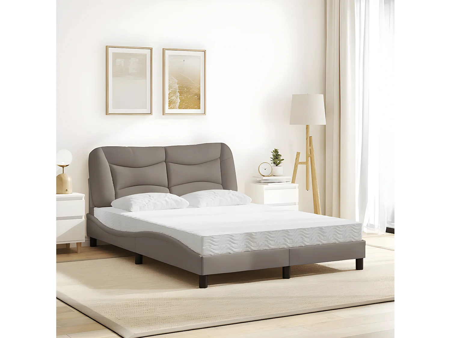 Lit avec matelas taupe 120x200 tissu
