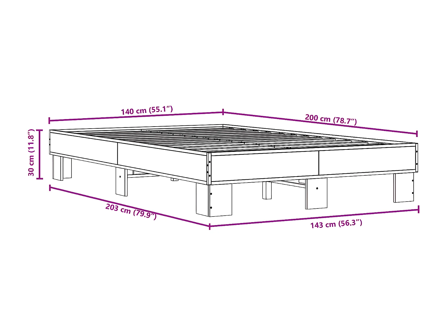 Cadre de lit noir 140x200 bois d'ingénierie et métal