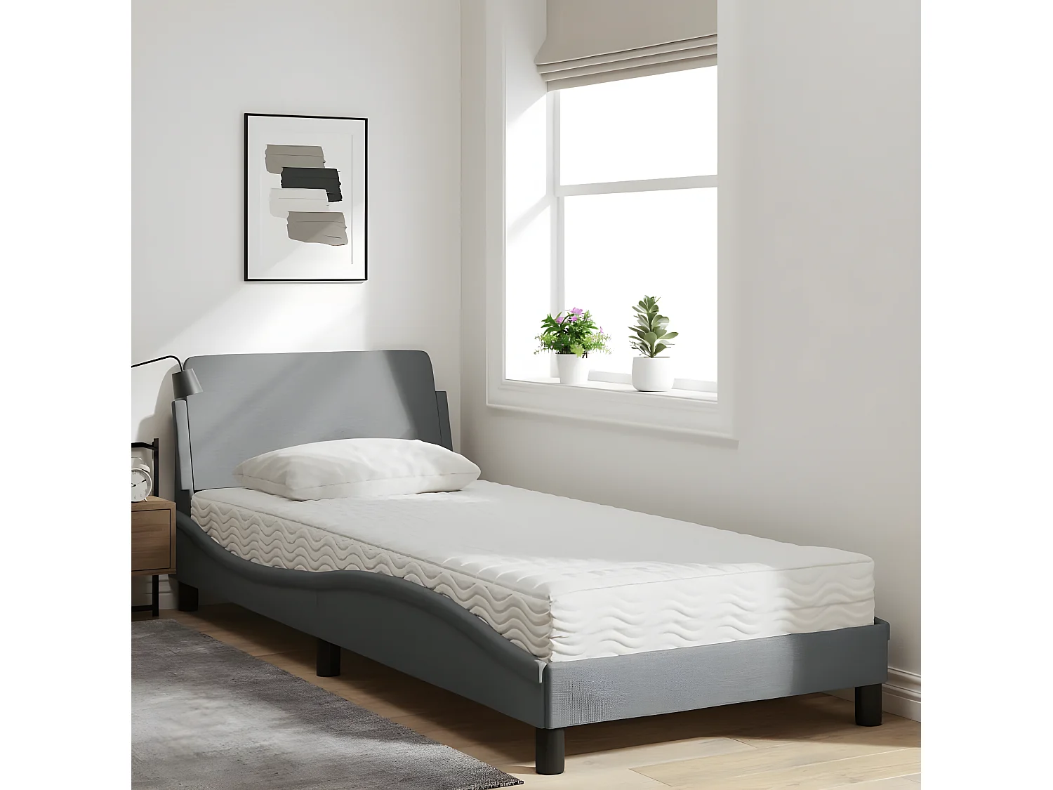 Lit avec matelas gris clair 80x200 tissu