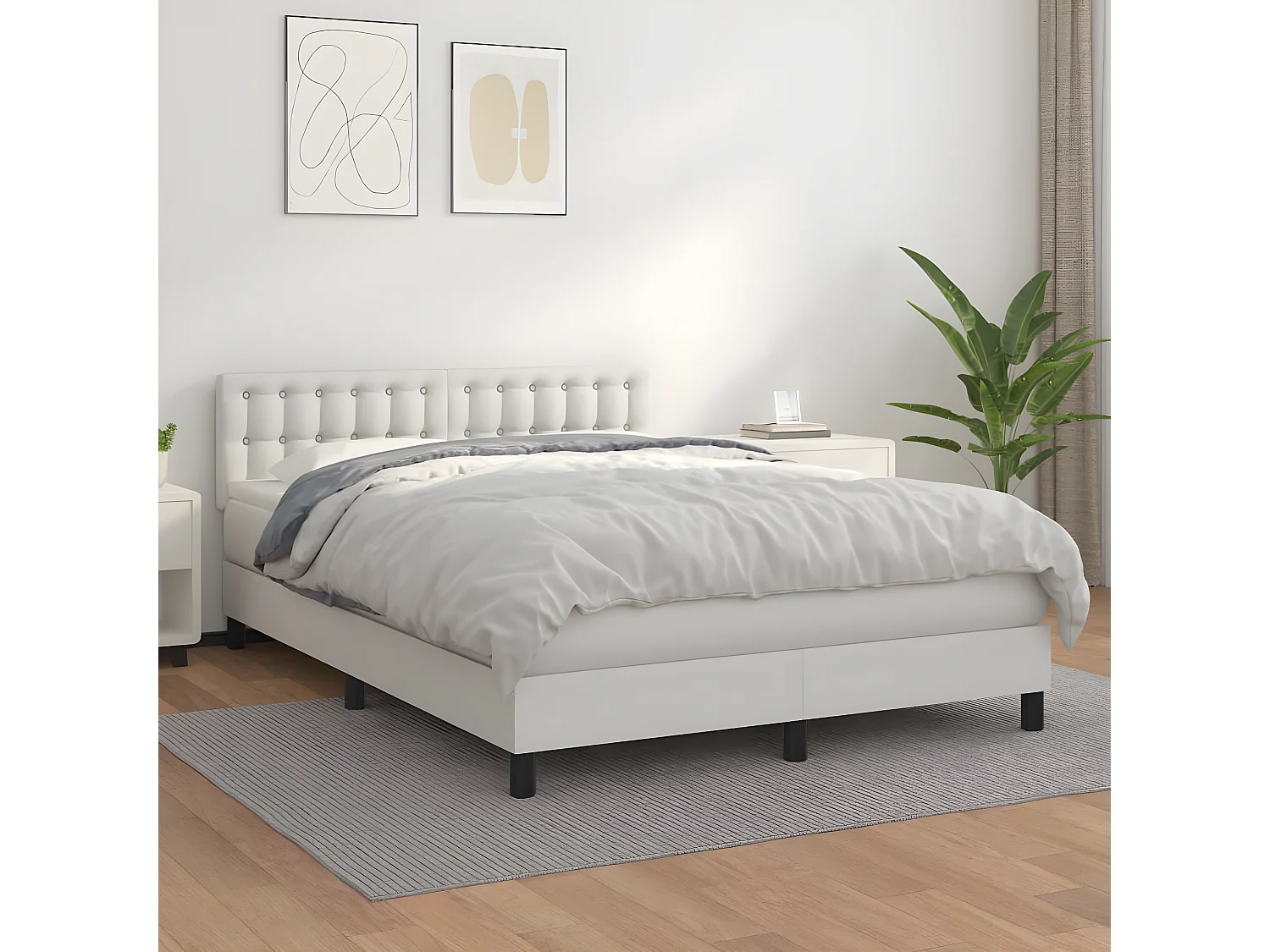 Sommier à lattes de lit avec matelas Blanc 140x190 Similicuir