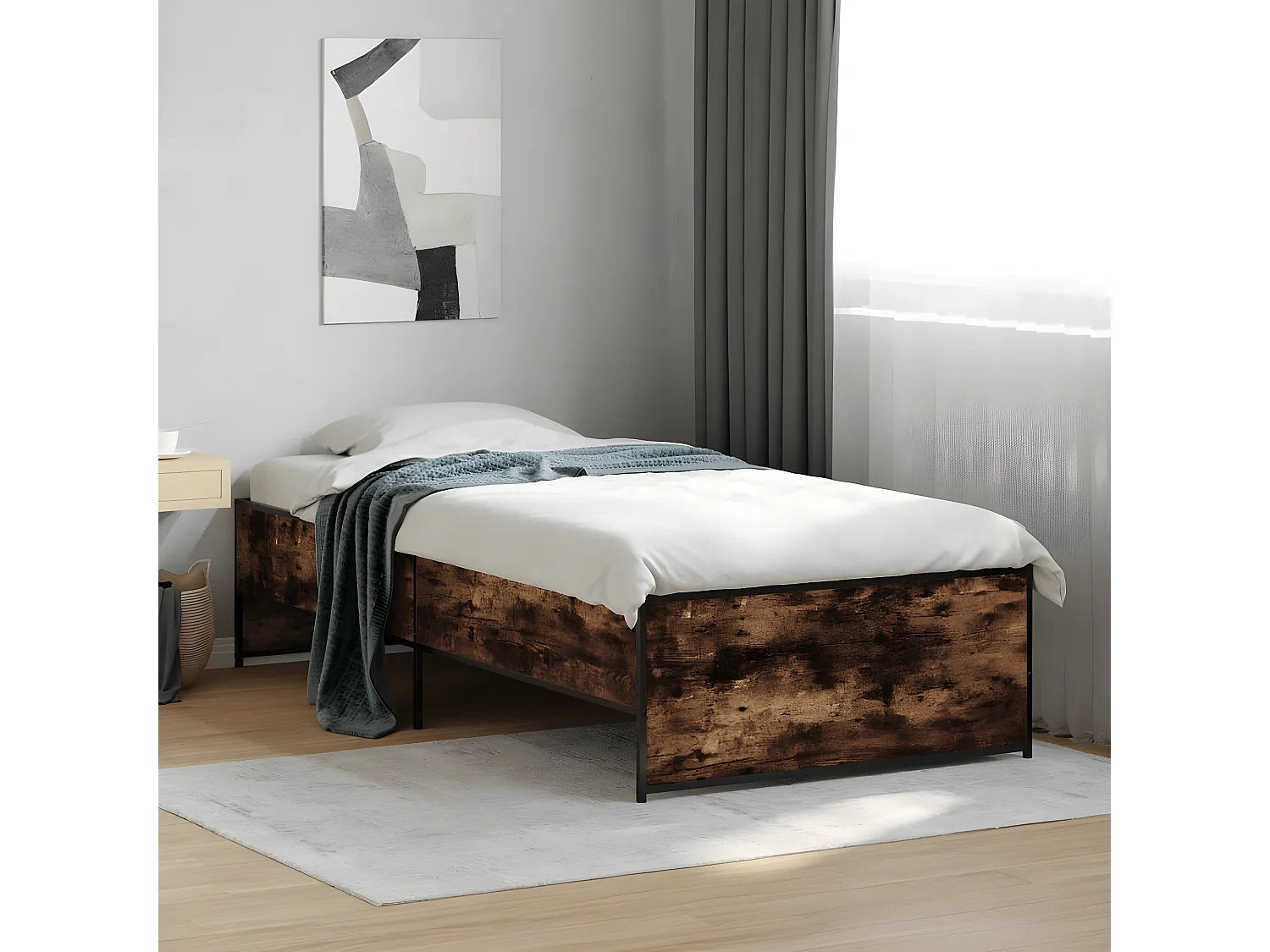 Cadre de lit chêne fumé 100x200 bois d'ingénierie et métal