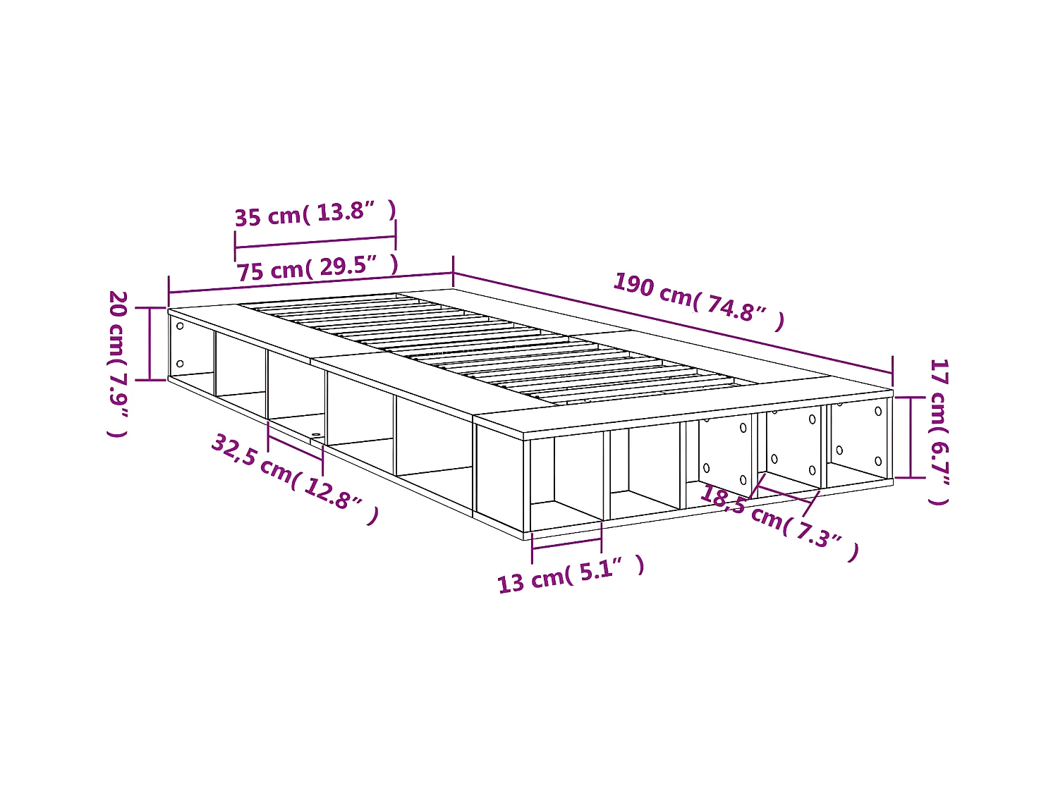 Bedframe bewerkt hout wit 75x190 cm