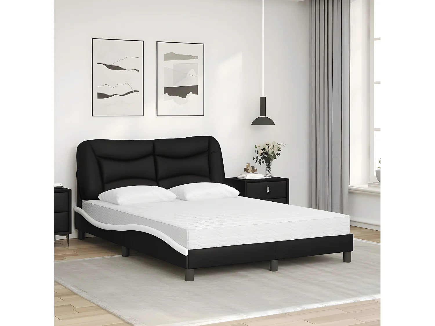 Lit avec matelas noir et blanc 140x200 similicuir
