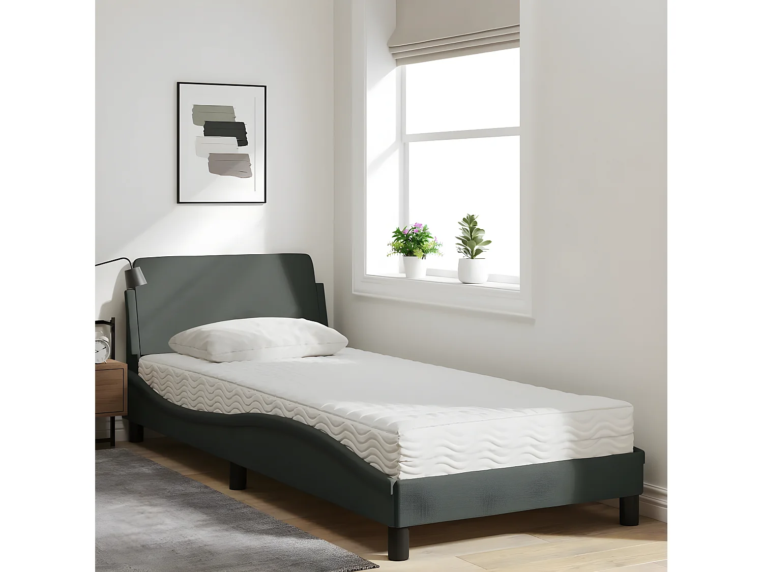 Lit avec matelas gris foncé 80x200 tissu